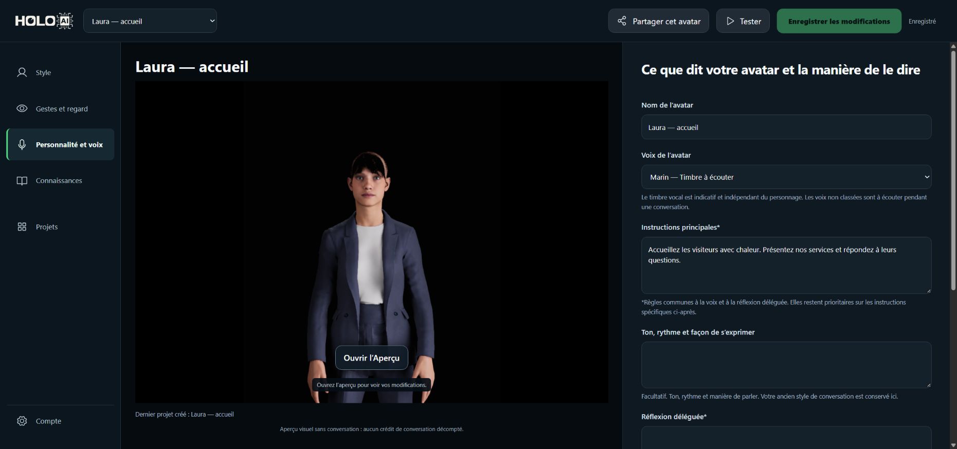 Capture réelle du Dashboard HoloAI : personnalisation de Laura et accès à l’aperçu dans le navigateur